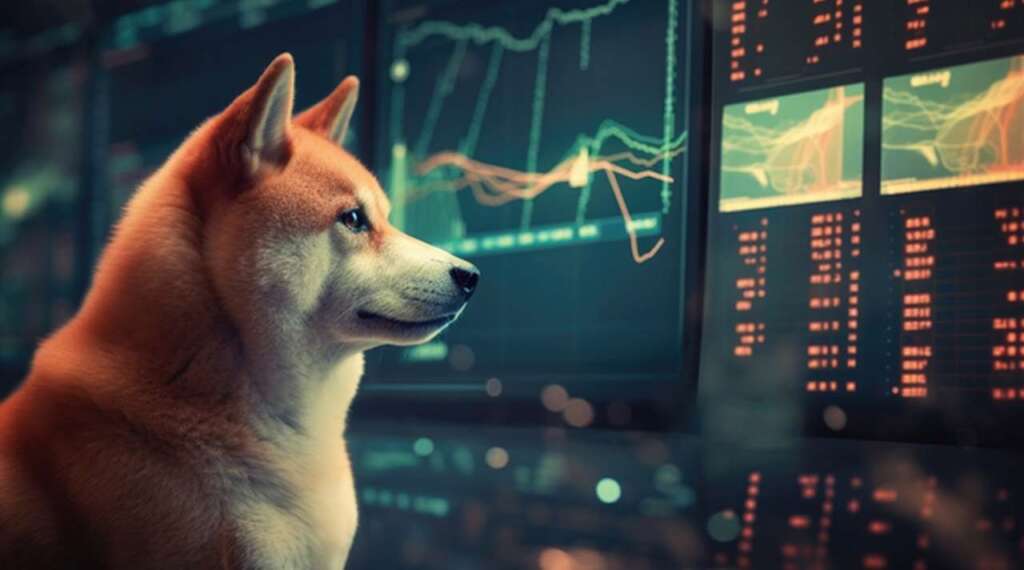 Il cane mascotte di Shiba Inu (SHIB) che osserva alcuni grafici finanziari