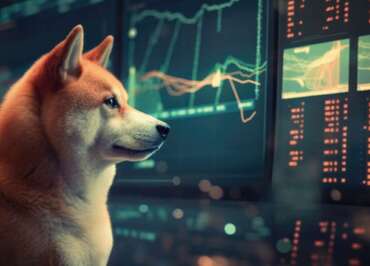 Il cane mascotte di Shiba Inu (SHIB) che osserva alcuni grafici finanziari